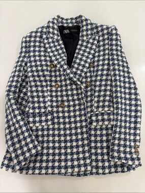 ZARA Navy and White Houndstooth Double-Breasted Tweed Blazer